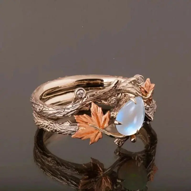 Women's Luxury Vintage Niche Design Double-Layer Tree Branch Maple Leaf Ring with White Gemstone, Cube Zirconia Fairy Nature Fantasy Themed Forest Fairy Jewelry for Holiday Parties, Cube Zirconia Rings, Fairy Nature Rings