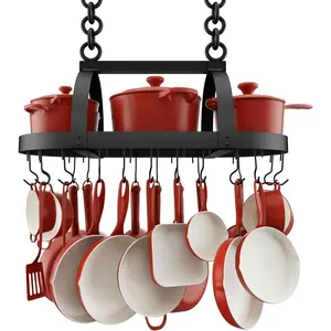 34-Inch Ceiling Hanging Pot Rack for Kitchen, Oval Matte Black Pot and Pan Hanger with 20 S Hooks, Fits 16" and 24" Joist, KUR221S85-BK