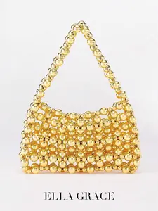 Gold Handbag Is Crafted From Strung - Together Golden Spheres. With A Simple Yet Unique Overall Design, The Handle Is Integrated With The Bag Body. It's Perfect For Accessorizing At Parties Or On Special Occasions. Women's Rhinestone Sparkle Clutch Trendy