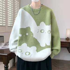 Cute Cat Colorblock Crewneck Sweater For Couples, Lazy Style Knitwear, Autumn Winter Fashion Casual Tops Long Sleeve Womenswear