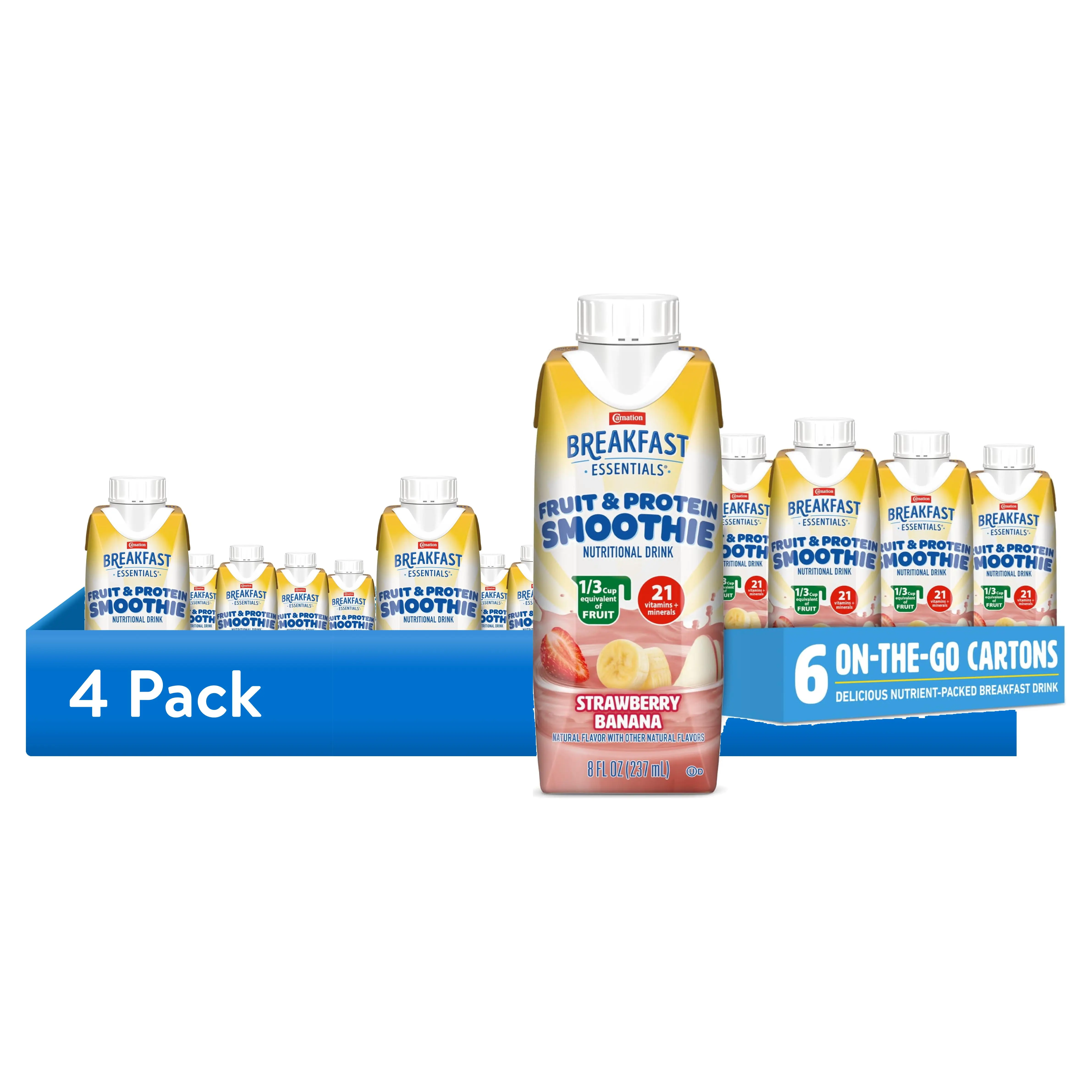 (4 pack) Carnation Breakfast Essentials Fruit and Protein Smoothie, Creamy Strawberry Banana, 8 oz, 6 Pk