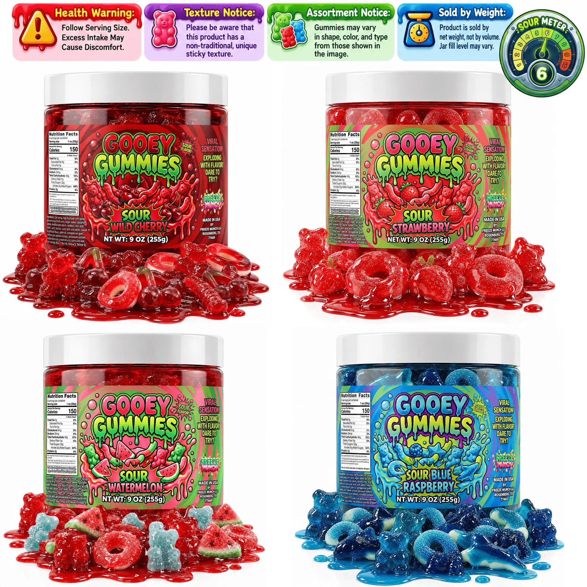 Gooey Gummies Sour Sticky Texture Ultimate Mix Gummies in Sour Oozie Liquid Sour Blue Raspberry Raz Wet Candy Snack Multiple Size & Flavors