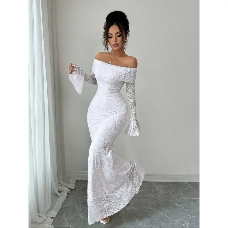 Elegant Fashion Young Minimalist Versatile Fitted Off Shoulder Flared  Sleeve Mermaid Midi Dress For Women, Autumn Fabric Formal - TikTok Shop