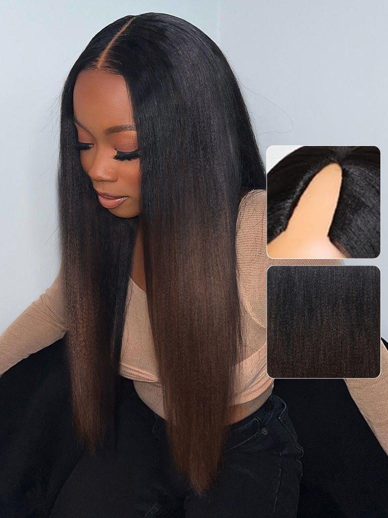 UNice Upgrade V Part Ombre Chestnut Brown Yaki Straight Wigs with Drawstring No Leave Out Glueless Human Hair Wigs for Beginners Friendly
