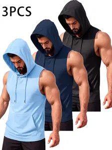 3pcs Men's Casual Sports Hooded Tank Top, Fitness Training Top, Casual Sports Tops, Featuring a pocket design, Hat Strap Design, Soft and comfortable material, Durable and practical, Suitable for everyday wear and sports use, men clothes high quality