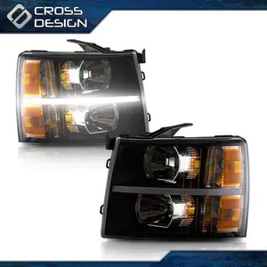 CROSSDESIGN Fit For 07-14 Chevy Silverado LED DRL Strip Black/Amber Corner Headlight Lamp