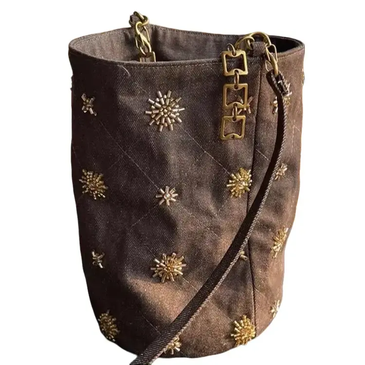 Women's Beaded Details Denim Bucket Bag - Lightweight Summer Crossbody with Shoulder Strap, New Chinese-Infused Bohemian Embroidered Purse