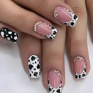 Cow Print Fake Nails with Nail File & Tape, 24pcs/box French Style Short Square Press on Nails for Women & Girls DIY Nail Art, Elegant Stick on Nails Kit, Nails Press Ons, Pressed on Nails
