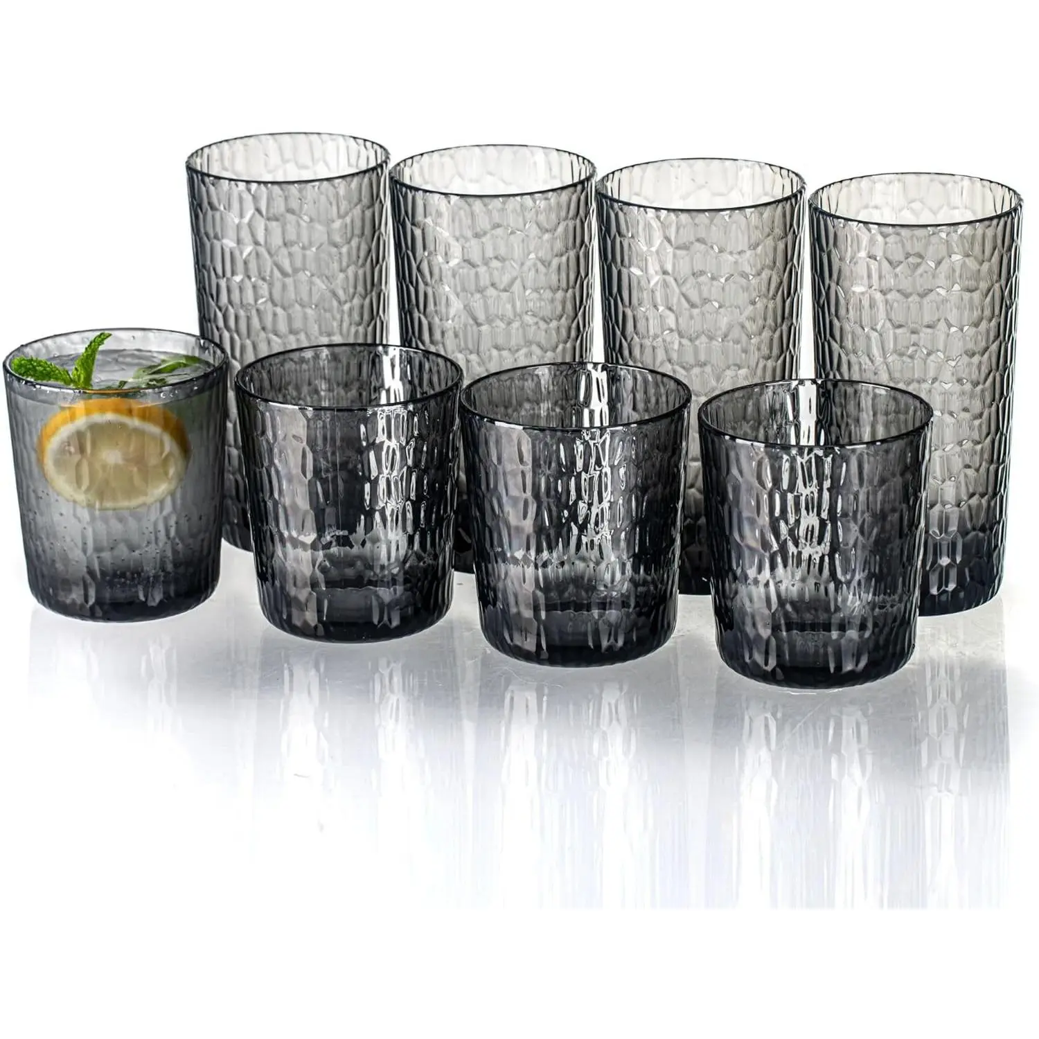 15oz and 22oz Grey  Glasses Drinkware (Set of 8), Honeycomb Stackable Shatter-Proof Plastic Tumblers,  Plastic Drinking Glasses, , Dishwasher-Safe