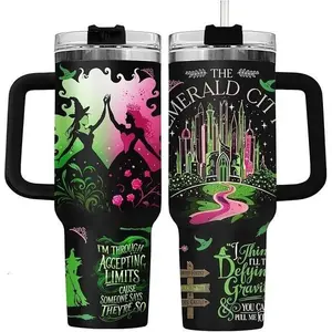 Emerald City 40oz Stainless Steel Tumbler with Handle – Green & Pink Fantasy Travel Cup, Magical Witch Aesthetic Insulated Mug, Broadway-Inspired Gift for Her