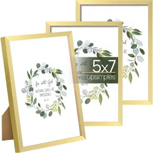 5x7 Picture Frame Set of 3, Made of High Definition Glass for 5 x 7 Gold Frames, Wall and Tabletop Display Thin Border Photo Frame for Home Décor
