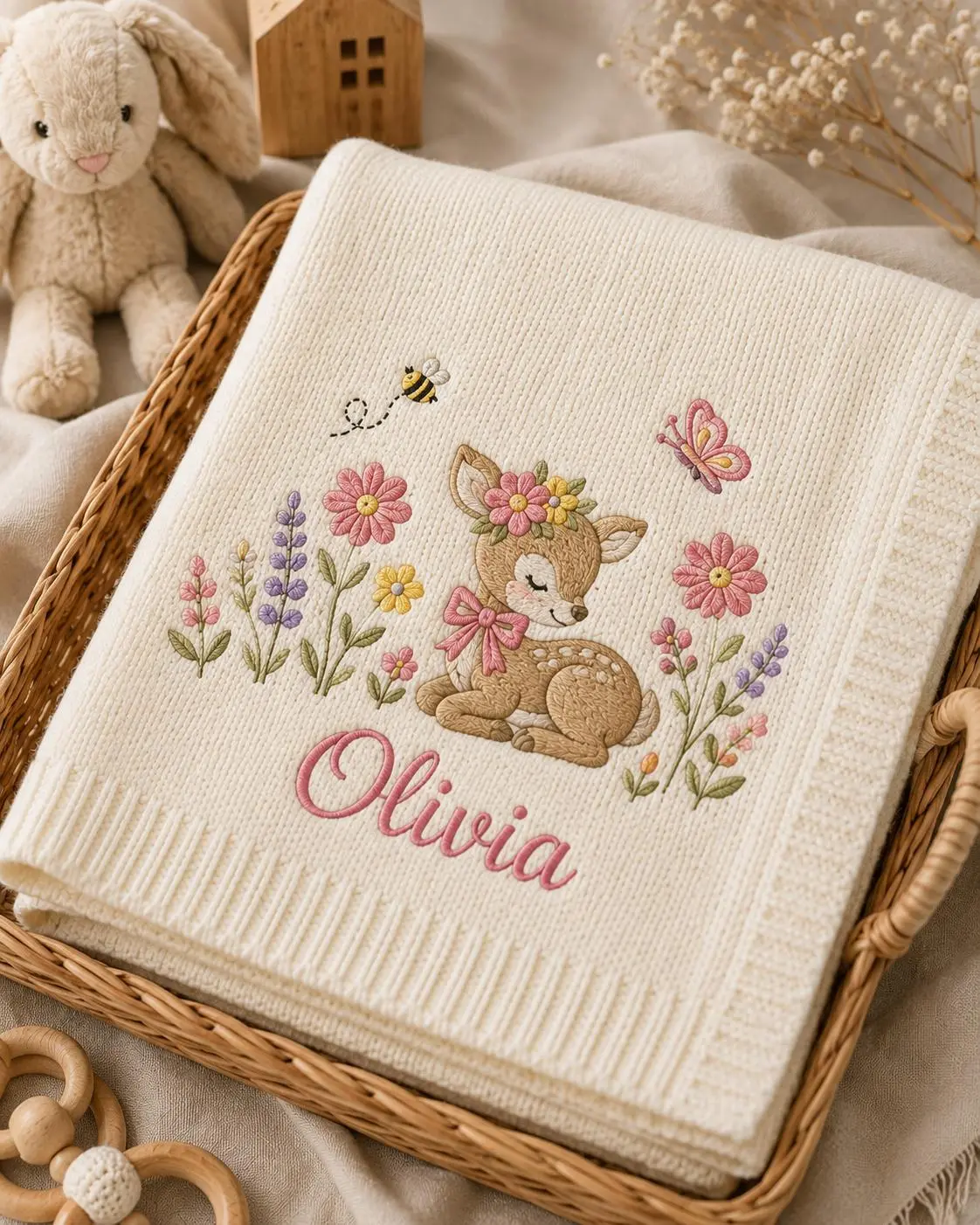 [Made-to-Order]Custom Deer Wildflower Embroidered Knit Baby Blanket, Personalized Meadow Newborn Blanket, Gift for Baby Girl, Baby Shower Gift, Nursery Keepsake