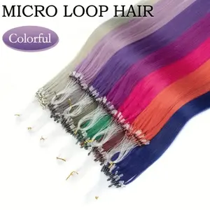 50pcs 30g Micro Loop Human Hair Extensions, Natural Straight, No Glue Easy Install, Vibrant Red Pink Green Blue Purple Gray, 12-28 Inches for Women Daily & Festive Hairstyles