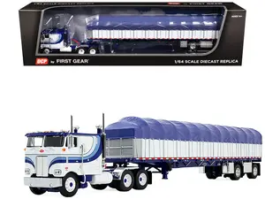 Peterbilt 352 COE 110" Sleeper and 53’ Wilson Flatbed with Wagon White with Blue Stripes 1/64 Diecast Model by DCP/First Gear