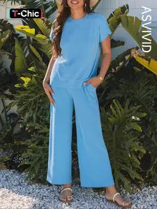 Women's Twisted Ribbed Knit Solid Color Set - Round-neck Short Sleeve T-Shirt & Wide Leg Pants with Side Pockets, Casual Comfy for Summer Daily Wear, Co Ord Sets