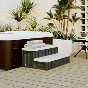Universal Spa Hot Tub Steps with Storage, 350lbs Load Capacity, Outdoor Indoor Compartment, Spa Steps, Slip Resistant Striped, Light Gray+Black, 36inch