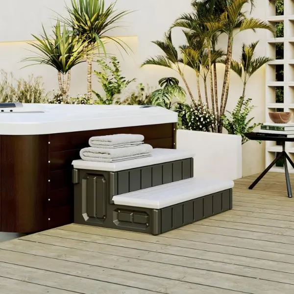 Universal Spa Hot Tub Steps with Storage, 350lbs Load Capacity, Outdoor Indoor Compartment, Spa Steps, Slip Resistant Striped, Light Gray+Black, 36inch