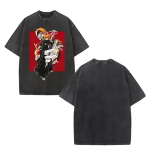 Bleach Anime Ichigo Kurosaki Hollow Form Vintage Washed Oversized T-Shirt, Japanese Manga Streetwear Top for Men & Women