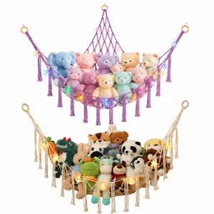 60in Classic Hangable Boho White Hammock with Warm White Star LED String Lights, Soft Cotton Hanging Corner Net Bag, Decorative Whimsical Room Storage for Girl Room Accessories, Kids’ Stuffed Animal Organizer