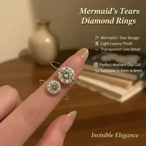 Elegant Mermaid's Tears Diamond Ring with Invisible Design Light Luxury Transparent Line for Women Mom Gift 6mm & 8mm Sizes Statement Ring Wedding Anniversary Ring