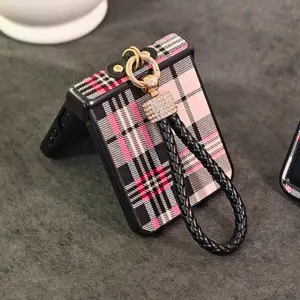 Luxury Color Block Faux Leather Protective Cover with an Artificial Diamond Lanyard Phone Strap for Samsung for Galaxy Folding Mobile Phone Z Flip 7, Z Flip 6, Z Flip 5, Z Flip 4, Z Flip 3 5G Foldable Protective Case