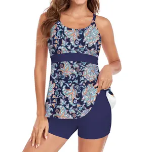 Women Tummy Control  Modest  Swimsuits Two Piece Bathing Suits with Boyshorts Athletic Swimwear cold wash blue tankinis cold wash orange