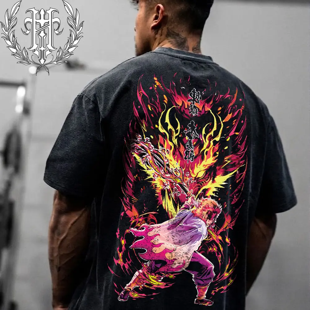 HardTimesClothing - Rengoku Demons Slayer Retro Vintage Cotton Oversized Streetwear Tee, Y2K Gothic Grage Washed Anime Graphic T-Shirt 10phic Shirt, Acid Wash Heavyweight Cotton Unisex Gift