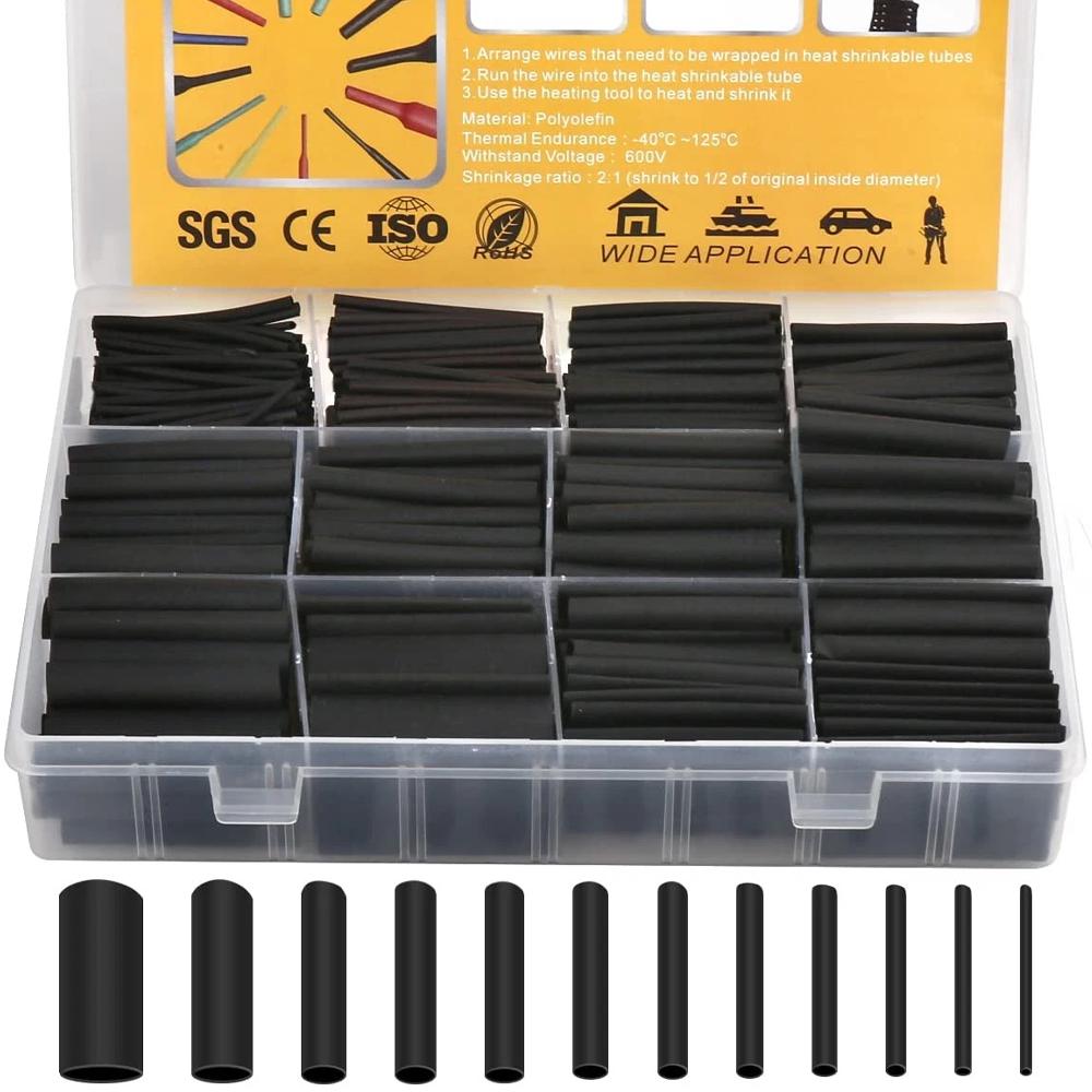 900 PCS Wire Heat Shrink Tubing Kit Marine Grade Insulated Heat Shrink Wrap Tube Premium Black Waterproof Flame Retardant Electrical Cable Sleeve Assorted Size Wire Repair Connection Protective Tube for Auto Marine Boat Car Household Electronic Wiring Ins