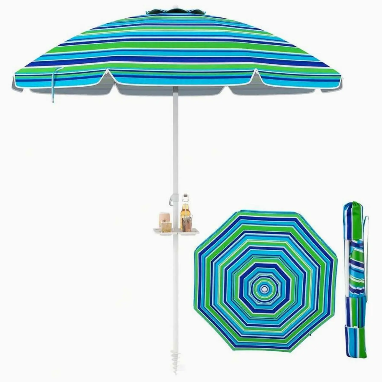 7.2FT Portable Beach Umbrella with Tilt, Sand Anchor, Cup Holder & Carry Bag, UV Sun Shade Canopy for Beach, Patio, Camping, Fishing & Outdoor Activities, Green