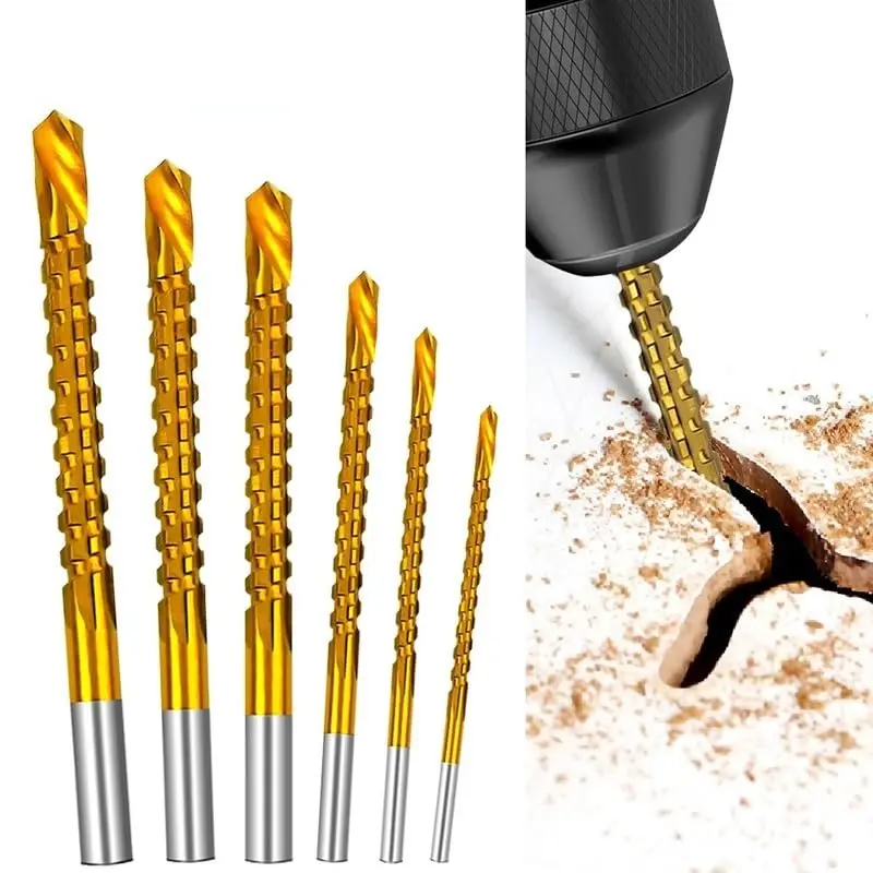 6PCS 3-8mm Titanium Coated High Speed Steel Drill Bit Set - Sharp serrated cutting edges, rust resistant coating, ideal for drilling metal, wood, and plastic. Supports side cutting and sawing after drilling.