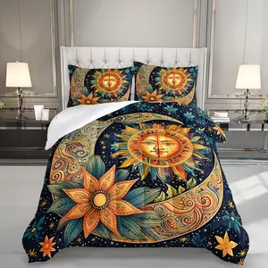 3pcs Sun Moon Comforter Set, Bohemian Duvet Set for Girls and Adults Bedroom or Guest Room Decor, Lightweight Soft All Seasons Comforter Machine Washable Microfiber Quilt with 2 Pillowcases , Gifts for the Family
