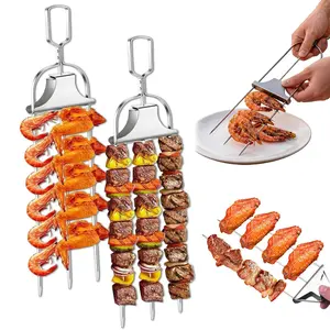 KITCHEN BBQ Skewers for Grilling,3 Way Skewers, 14" Stainless Steel Flat Kebab Sticks with Push Bar, Heavy 3-Prong Barbecue Skewer, Reusable Metal Shish Kabob Skewers for Outdoor BBQ, Barbecue Utensils