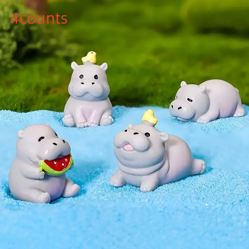 4-Piece Miniature Cute Hippo Animal Decorative Figurines Set, Resin DIY Craft Decorations for Car Desk Room Tree, Creative Gift Idea
