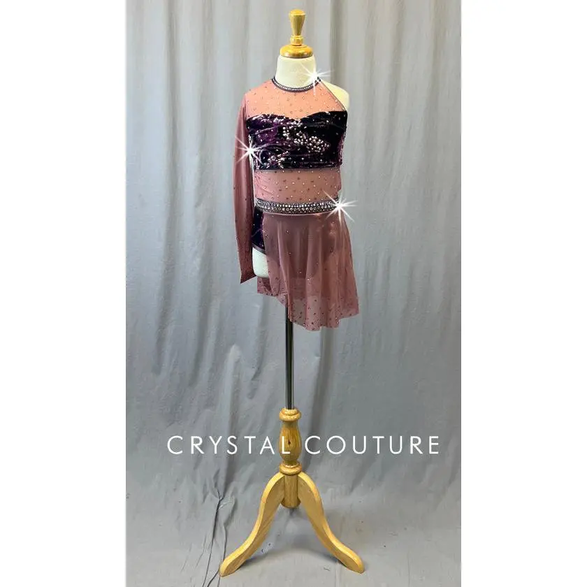 Custom Asymmetrical Mesh & Patterned Velour Leotard - Rhinestones