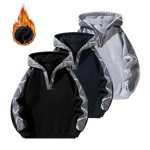 Men's Fitted Paisley Half-Zip Hoodie Sweatshirt - Ethnic Look Menswear, Long Sleeve Polyester Pullover, Sport-to-Casual Wear for Sports, Machine Wash Male Tops