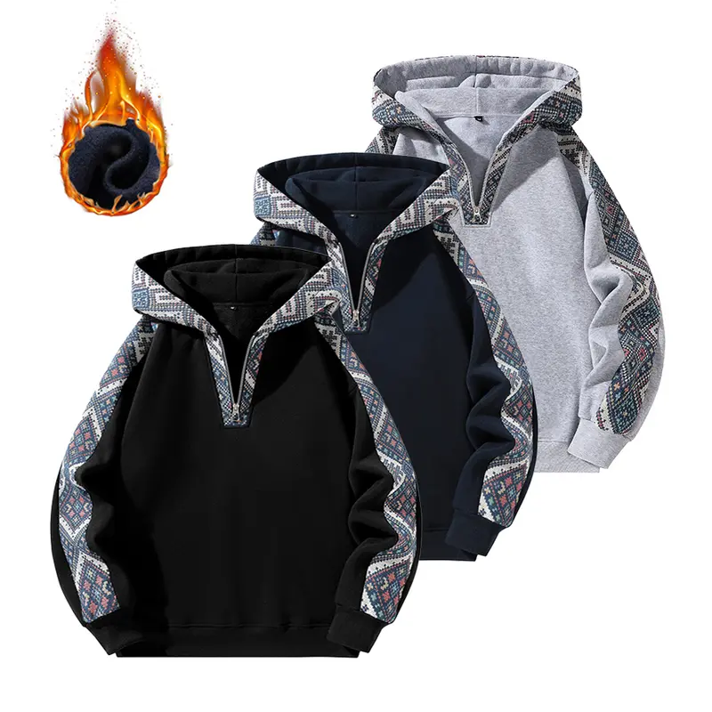 Men's Fitted Paisley Half-Zip Hoodie Sweatshirt - Ethnic Look Menswear, Long Sleeve Polyester Pullover, Sport-to-Casual Wear for Sports, Machine Wash Male Tops