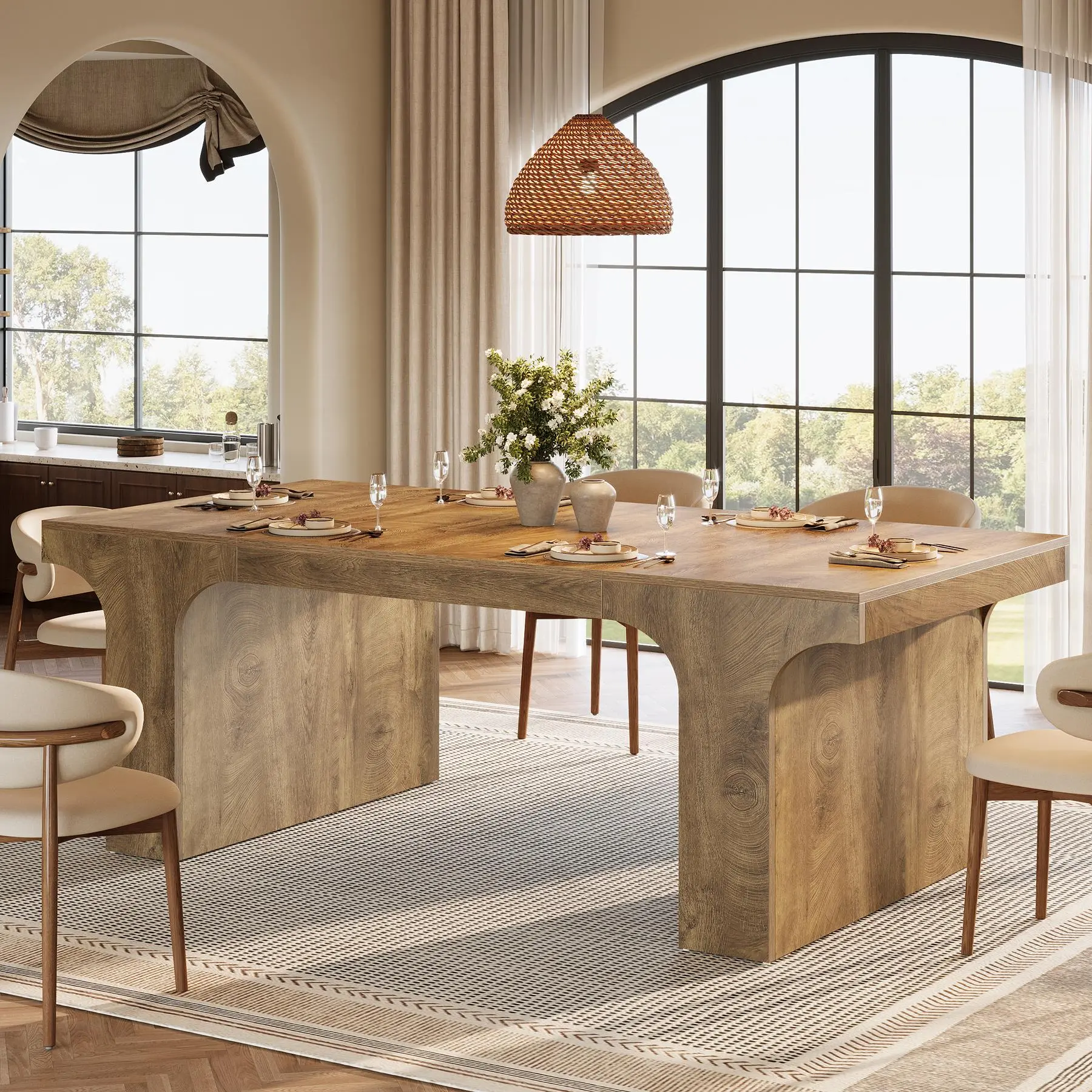 TRIBEWOOD 71-Inch Neutral Wood Veneer Farmhouse Rectangle Dining Table - Arched Legs, Double Pedestals, 6-8 Seats, Intuitive Instructions, Assembly Required, Thanksgiving Kitchen Table