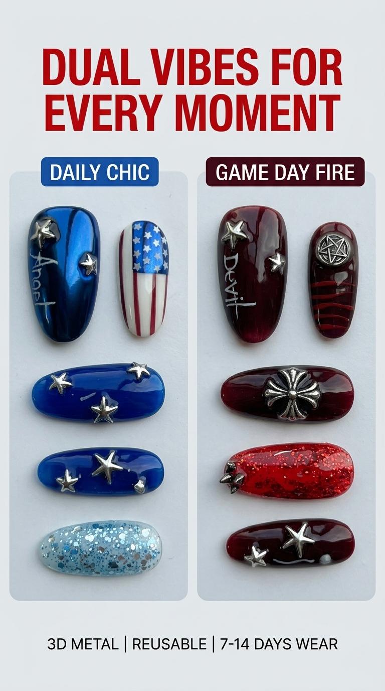 USA 250th & World Cup Dual Theme Press On Nails, Red Blue Star Stripes Fake Nails, Devil Angel Style Sporty Nails for Football Fans