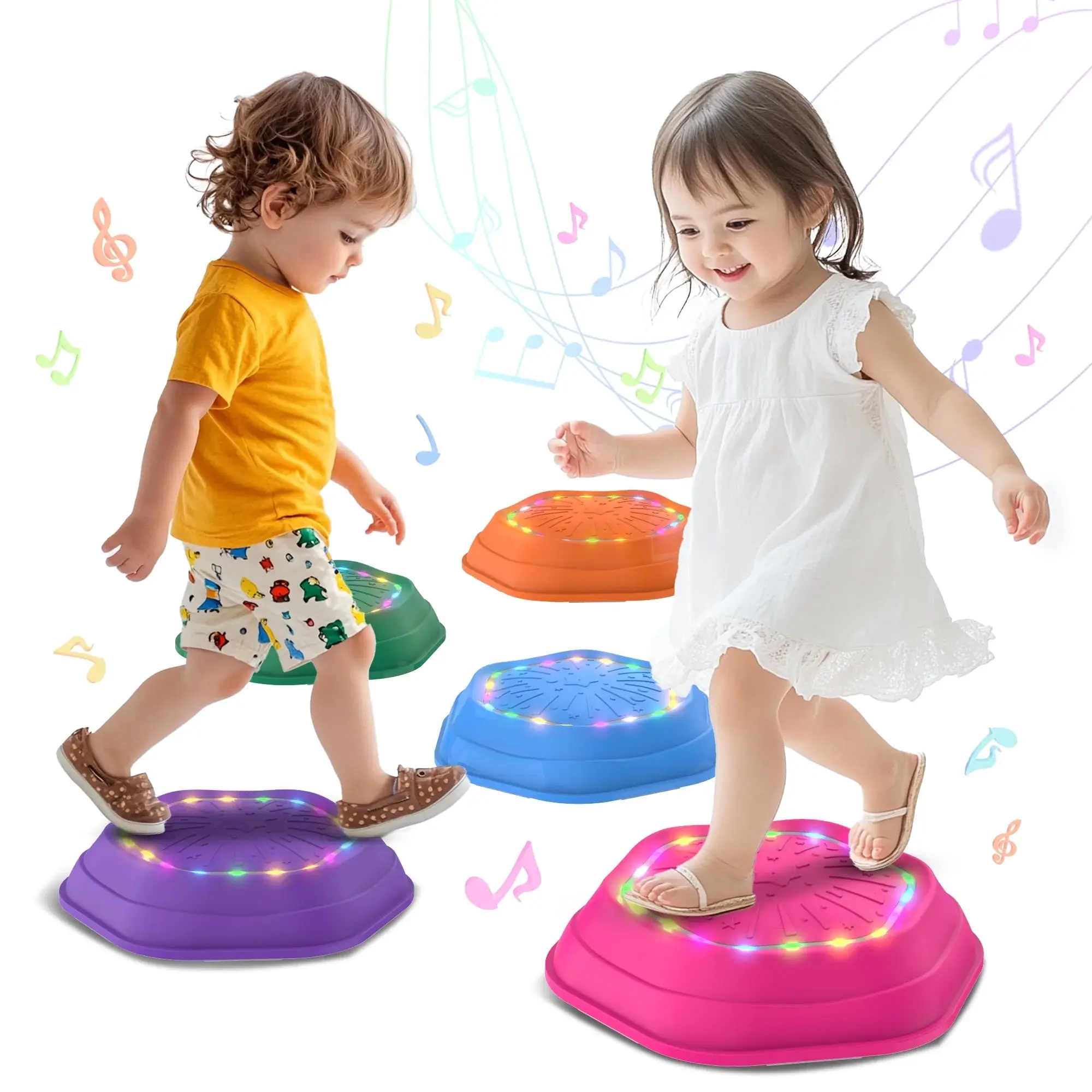 Music & Light Up Stepping Stones, 5 Pcs Stepping Stones, Non-Slip, Encourage Balance, Sensory Stepping Stones, Indoor & Outdoor Play Gift for Ages 3-8