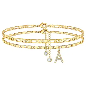 Zircon 26-letter stainless steel anklet, fashionable Cuban chain, double-layer foot jewelry, summer stackable anklet