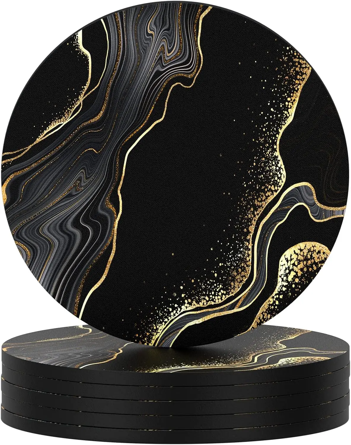 Luxury Black Marble Drink Coasters (Set of 6), 4-in Round Absorbent Rubber Bar Utensils with Non-Slip Backing, Personalized Dandelion Kitchen Room Decor for Moms Housewarming Accessory