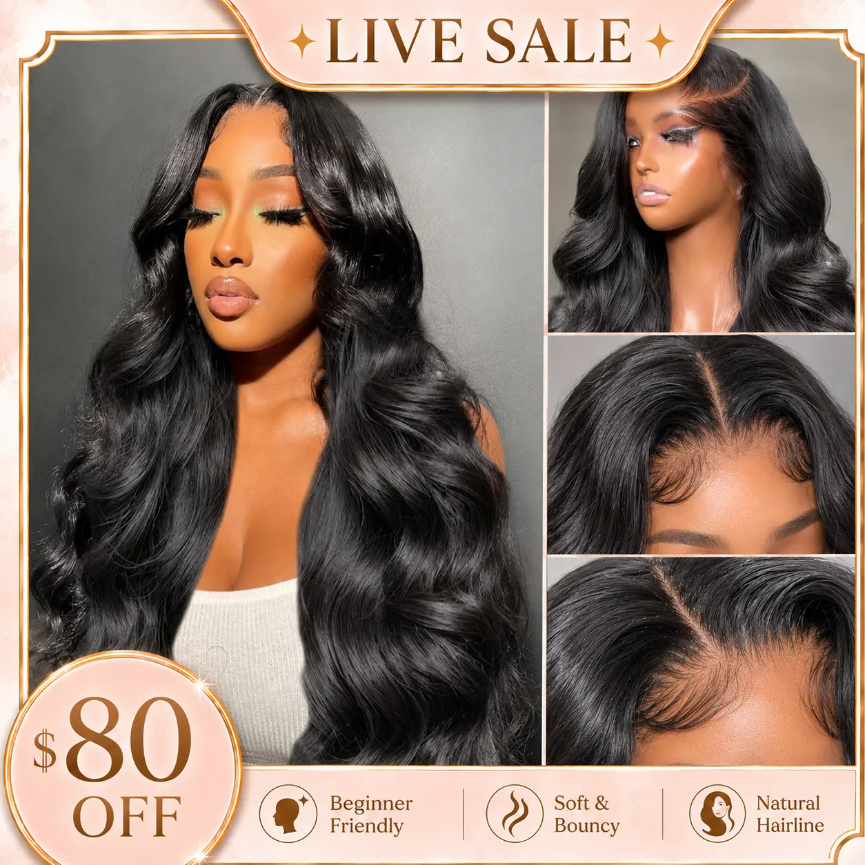 【LIVE SALE $80 OFF】Body Wave 80% Human Hair Wig Natural Black P4/27 Highlight Brown 99J Burgundy 13x4 Lace Front 180% Density Pre Plucked Natural Hairline Soft Bouncy Full Volume Silky Finish for Women