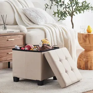 Foldable Tufted 15 Inch Square Linen Storage Ottoman with Legs
