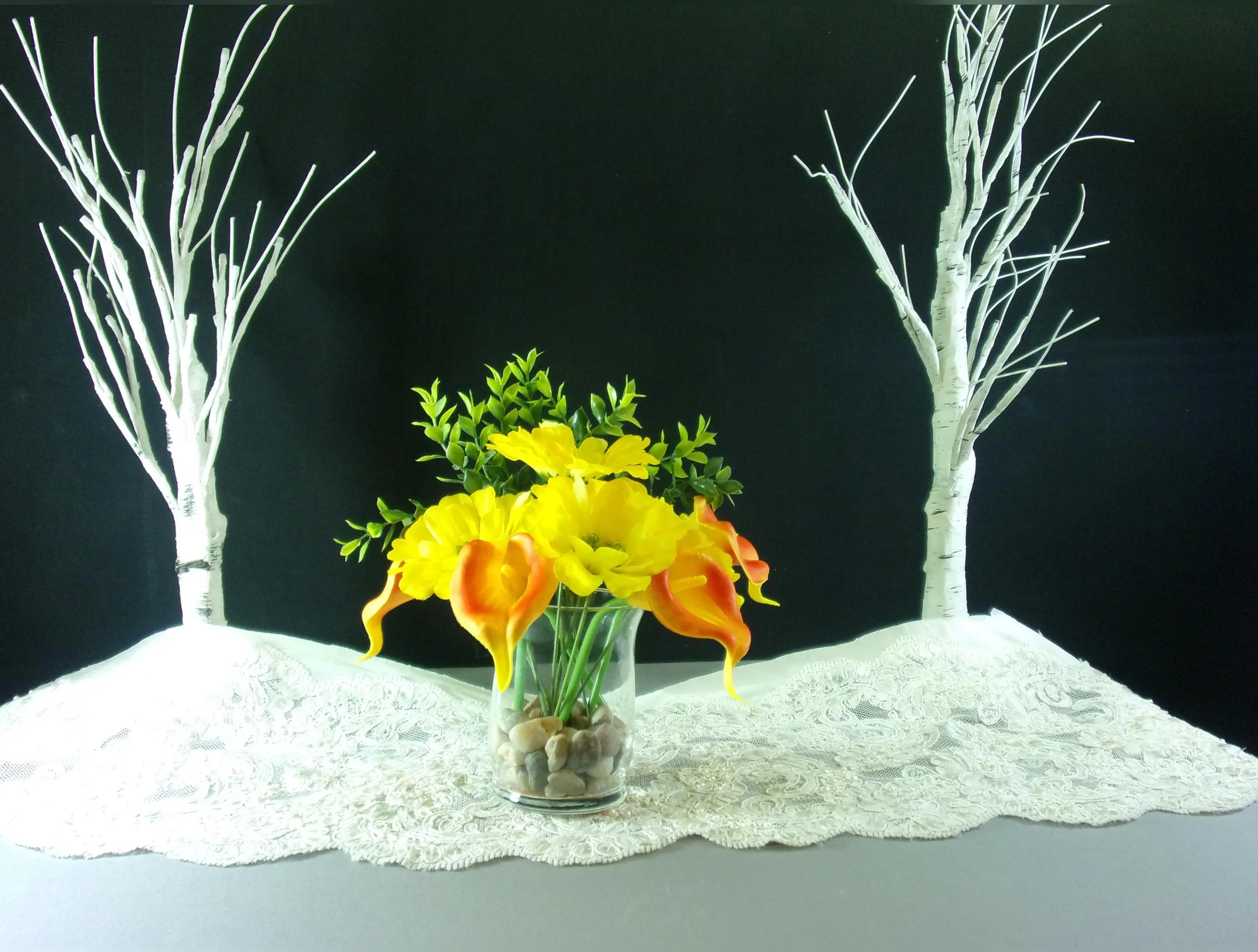 Yellow Calla Lilies & Daisies Artificial Flower Arrangement in Glass Vase