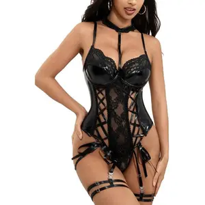 Sexy Lingerie for Women Lace-up PU Leather Bodysuit Snap Crotch Teddy Underwire Rave Lingerie Outfits with Garter