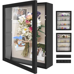 Shadow Box Display Case 11x14, Deep Shadow Box Picture Frame with Linen  and Removable Shelves, Wooden Memory Box for Wedding Bouquet, Photos, Medals, Keepsakes (Black, 11x14)
