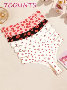 Women's Lip Cherry Heart Sweet Cute Print Thong Panties, Valentine's Day Exclusive Set of 7, Comfortable & Stylish Underwear