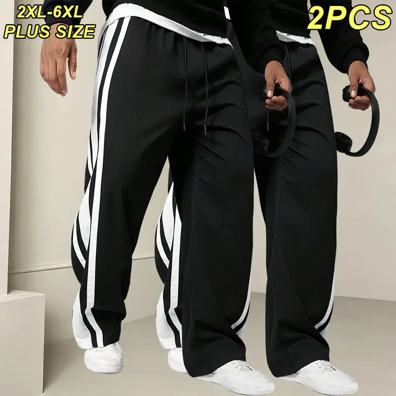 2XL–6XL Plus Size Men’s Joggers with Side Stripes, Loose Wide Straight Fit Sweatpants, Extra-Wide Black Casual Sport Pants that Flatter Figure, Suitable for Daily Commuting, Sports & Leisure, Outdoor Walks