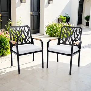 [SOIYELIFE] Outdoor Patio K/D Aluminum Stationary Dining Chairs 2PCS with Outdoor-grade Sunbrella Fabric Cushions,  Branch-Like Backrest ,FSC-Certified Wood Armrests, Bourbon Brown   Unique furniture
