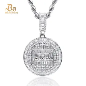 Delzzad Hip Hop Spiritual Belief Supper Engraved Cross Charm Chain Pendant Necklace VVS Synthetic Moissanite S925 Chain Unisex Necklace Birthday Anniversary Mother's Day Christmas Gifts for Men Women